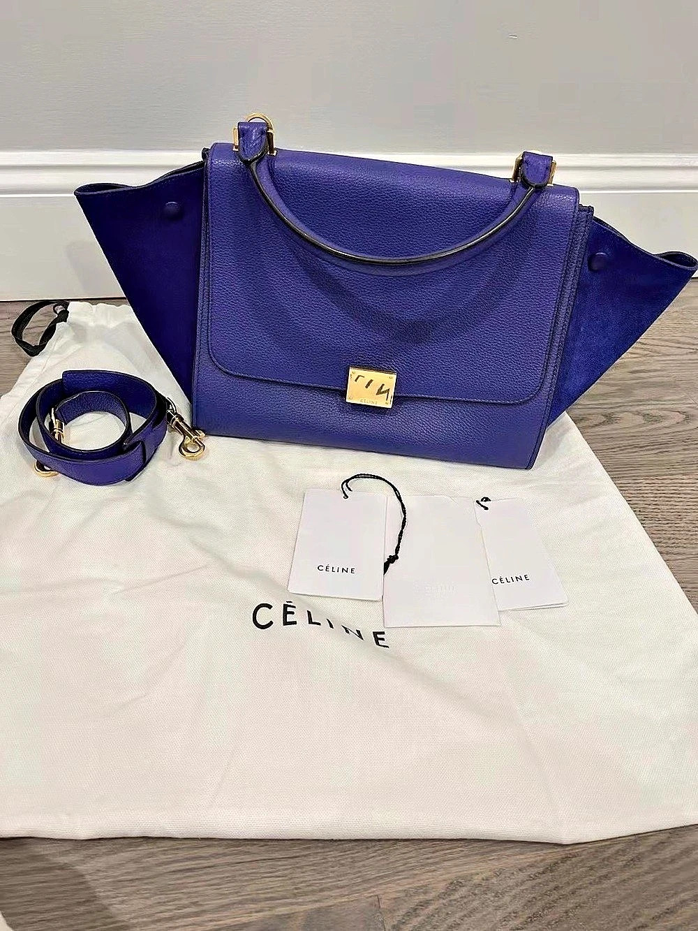 CELINE Trapeze Bag Medium Blue Grained Leather and Suede Purple Shoulder Bag